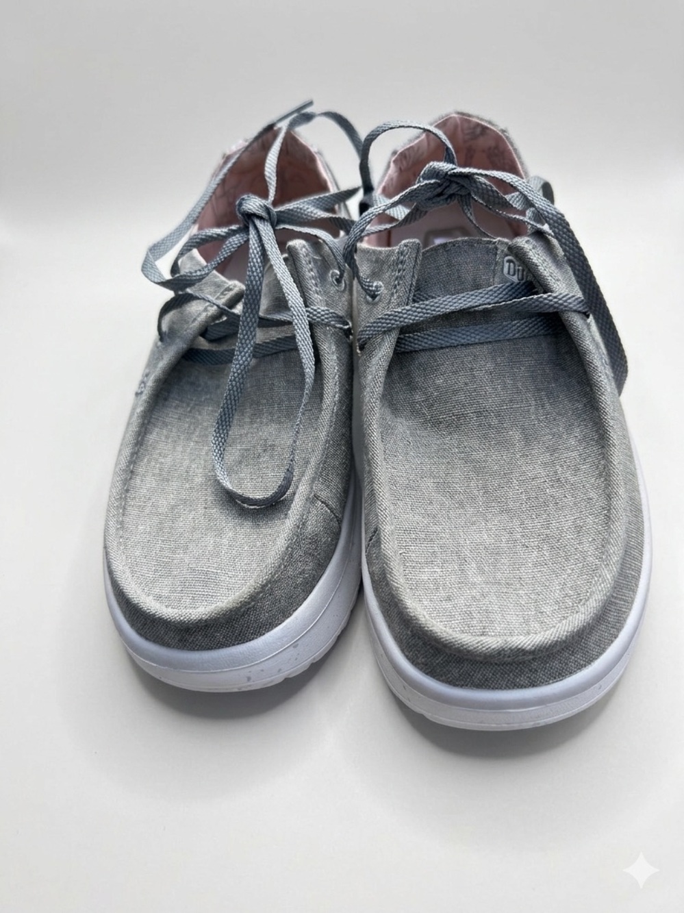 Hey Dude Wendy Peak Chambray Walnut Platform Slip-On Shoes with modified laces.